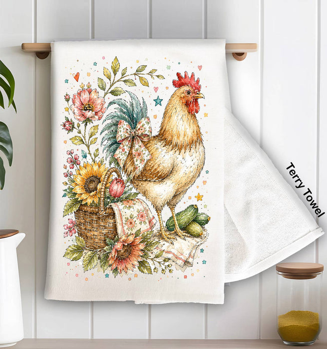 Whimsical Country Hen Flowers Kitchen Terry Towel