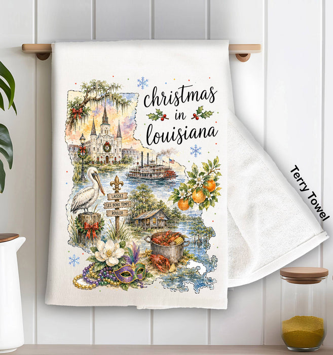 Christmas in Louisiana State Map Kitchen Terry Towel
