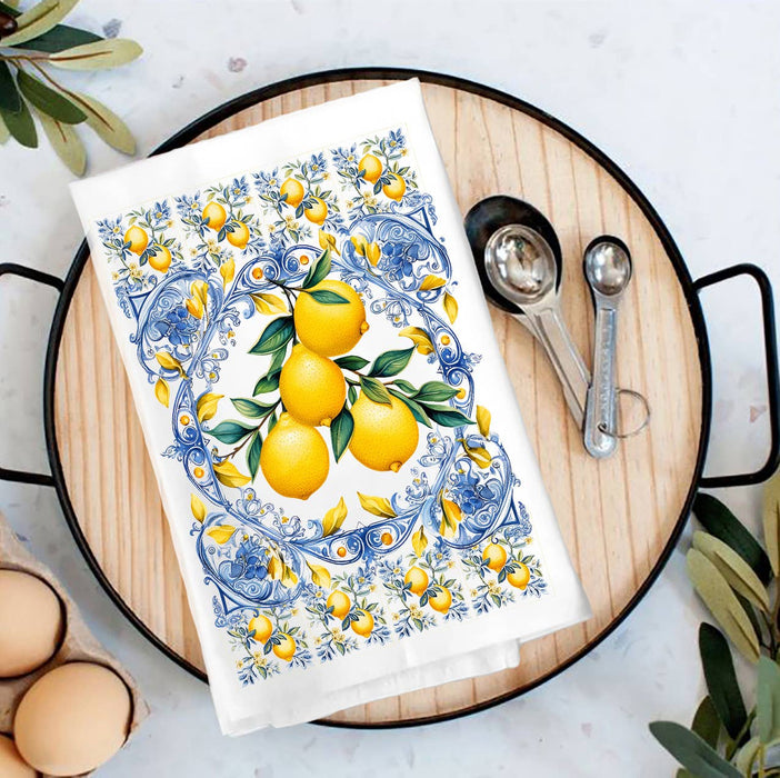 Mediterranean Blue Tiles Lemons Tea Towel