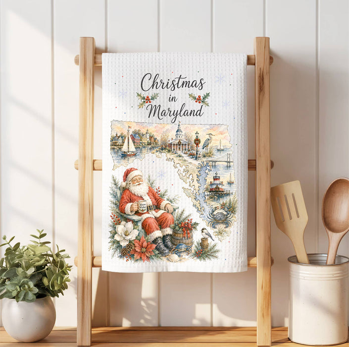 Christmas in Maryland State Map Waffle Weave Towel