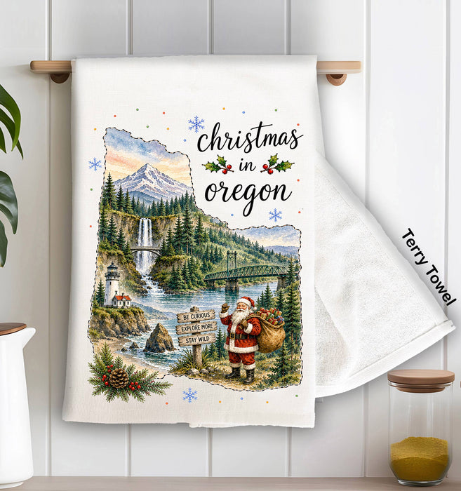 Christmas in Oregon State Map Kitchen Terry Towel
