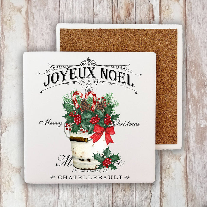Joyeux Noel Holly Berry Christmas Stone Coaster