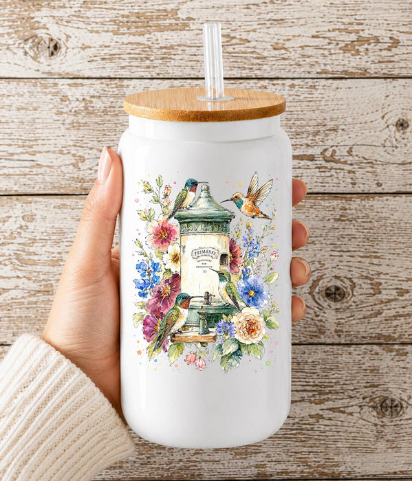 Spring Hummingbirds Flowers Feeder Glass Cup