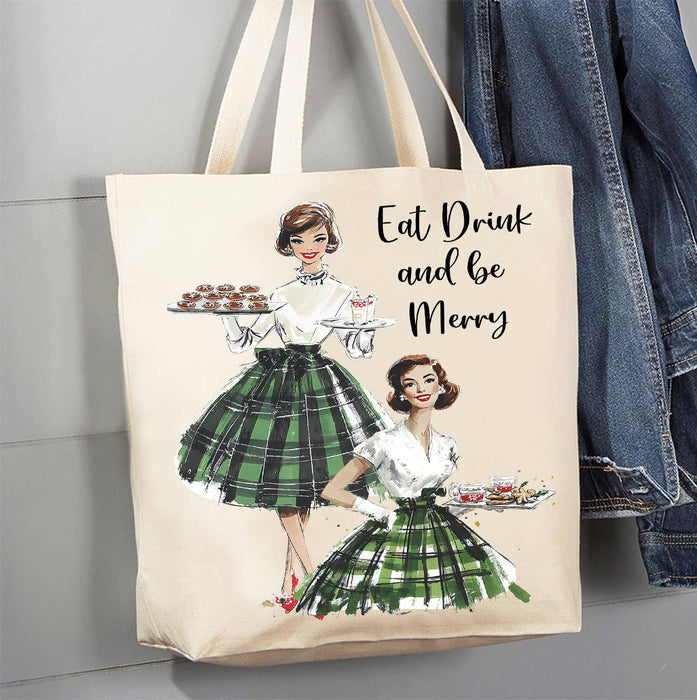 Retro Christmas Ladies Eat and be Merry Canvas Tote Bag