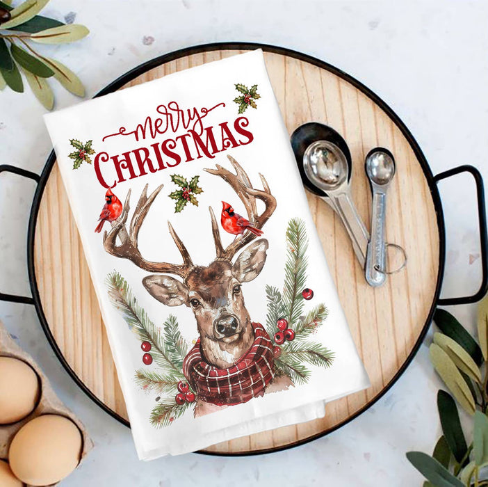 Christmas Reindeer Red Cardinals Tea Towel