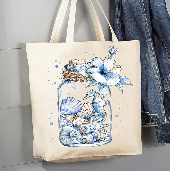 Coastal Blue Sea Shells in a Jar Canvas Tote Bag