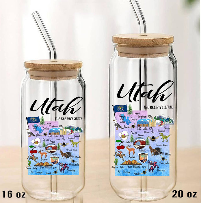 Utah State Map Can Glass with Lid and Straw