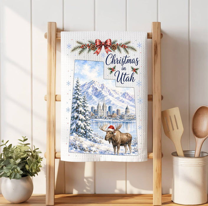 Christmas in Utah State Map Waffle Weave Towel