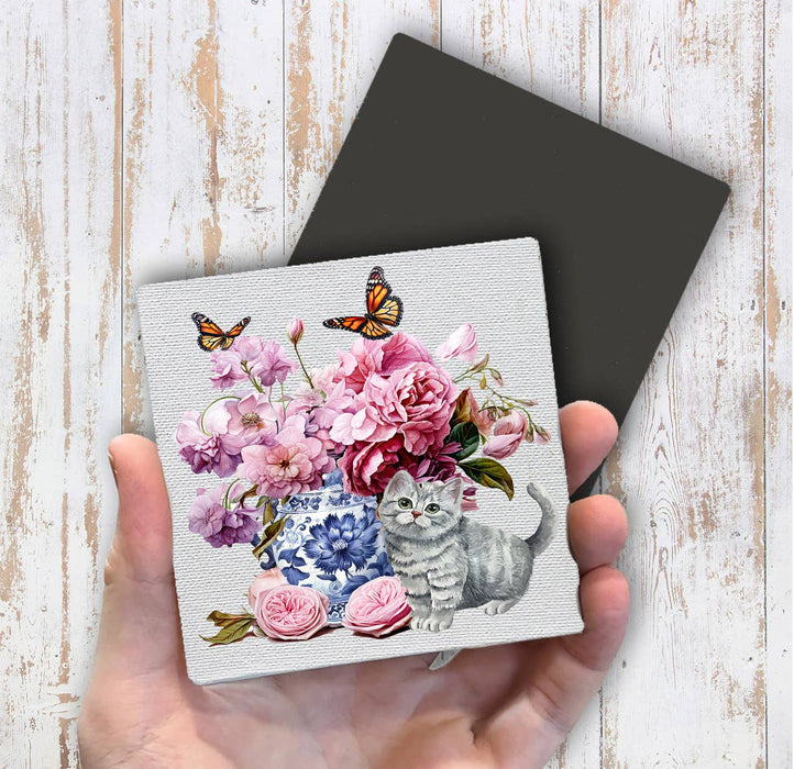 Grey Kitten Flowers Vase Butterflies Magnet Fridge