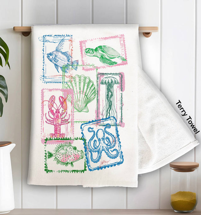 Coastal Beach Collage of Stamps Kitchen Terry Towel