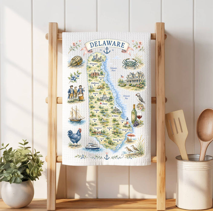 Delaware State Map Landmark Waffle Weave Towel