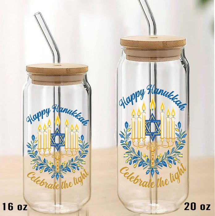 Happy Hanukkah Menorah Star Can Glass with Lid Straw