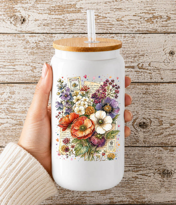 Vintage Watercolor Flowers Glass Cup