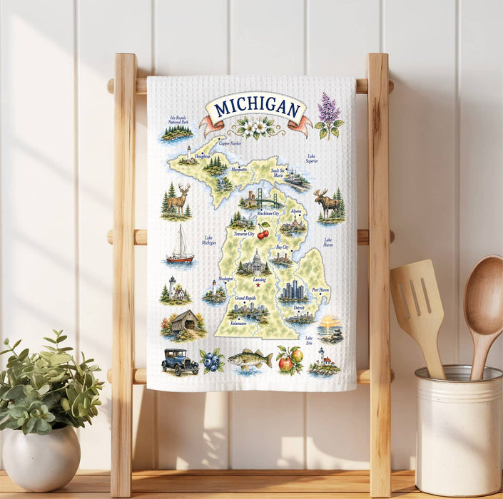 Michigan State Map Landmark Waffle Weave Towel