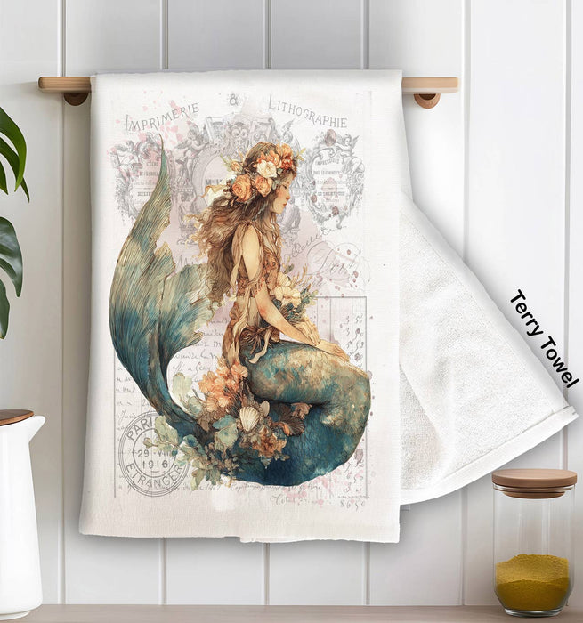 Vintage French Mermaid Coastal Kitchen Terry Towel