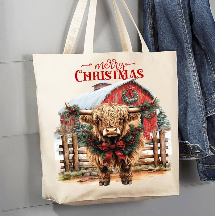 Christmas Highland Cow Barn Western Canvas Tote Bag