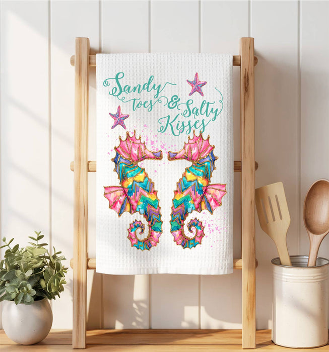 Seahorses Sandy Toes Salty Kisses Waffle Weave Towel