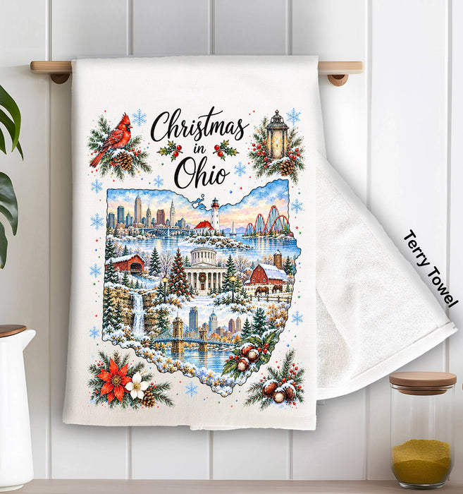Christmas in Ohio State Map Kitchen Terry Towel