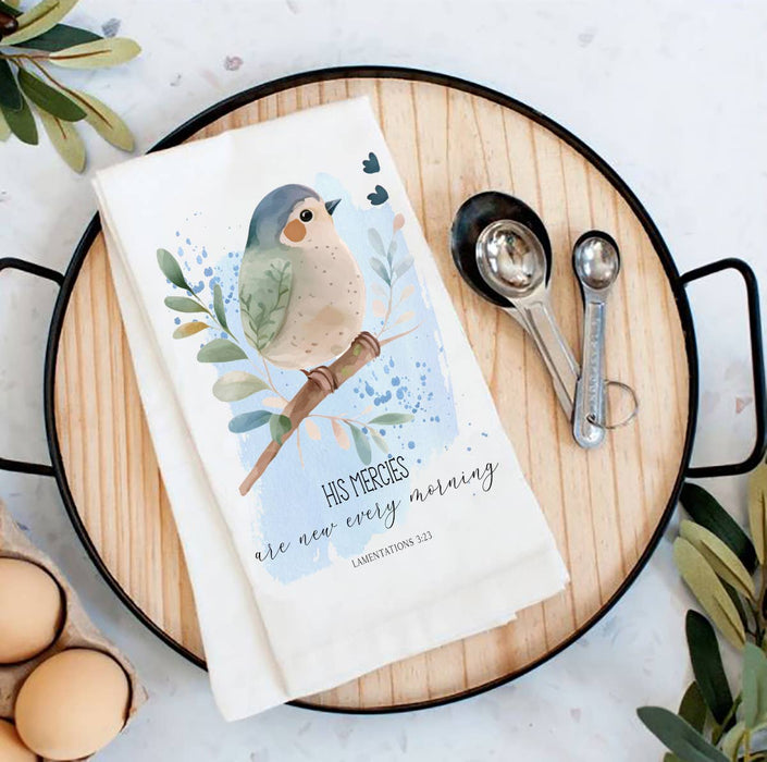 Spiritual His Mercies are New Bird Flour Sack Tea Towel