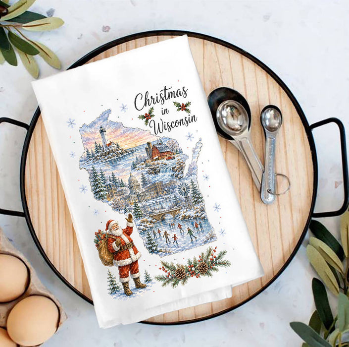 Christmas in Wisconsin State Map Tea Towel