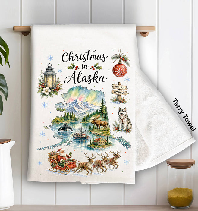Christmas in Alaska State Map Kitchen Terry Towel