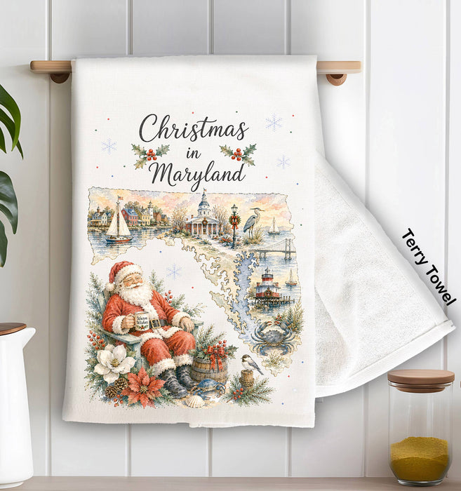 Christmas in Maryland State Map Kitchen Terry Towel