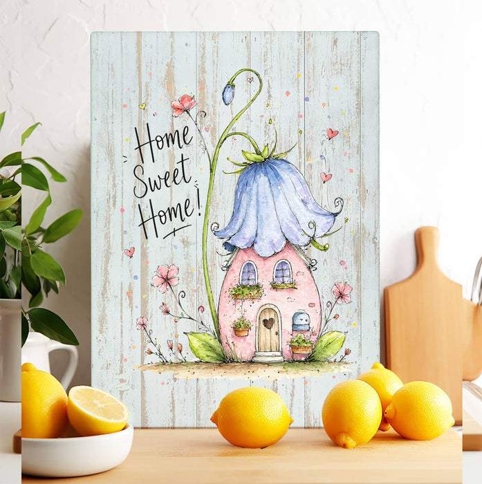 Home Sweet Home House Flowers Glass Cutting Board