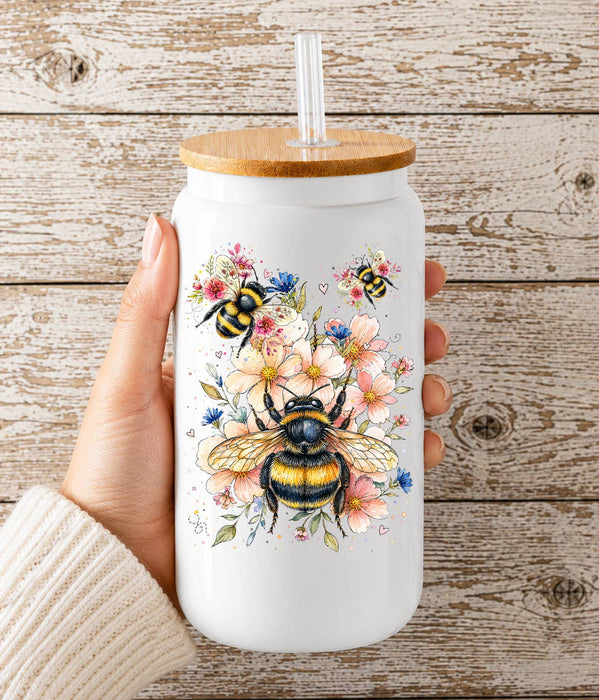 Watercolor Bees Flowers Glass Cup