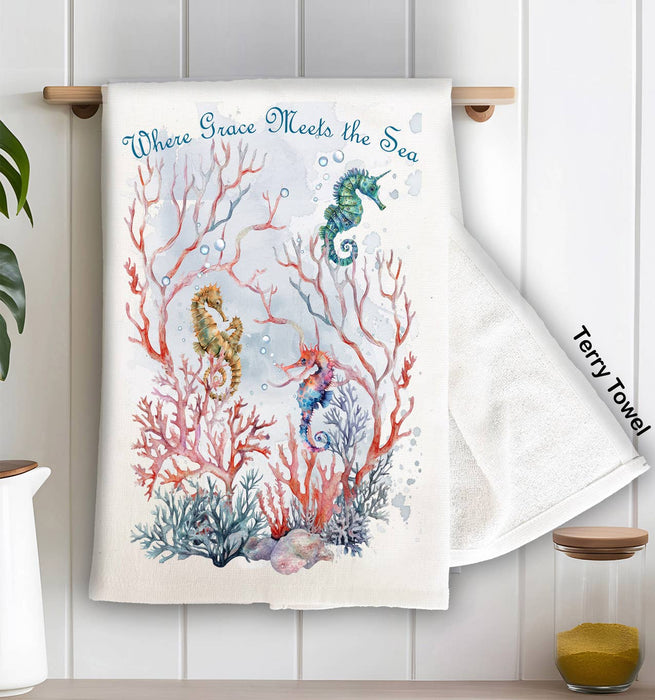 Grace Meets Sea Seahorses Beach Kitchen Terry Towel