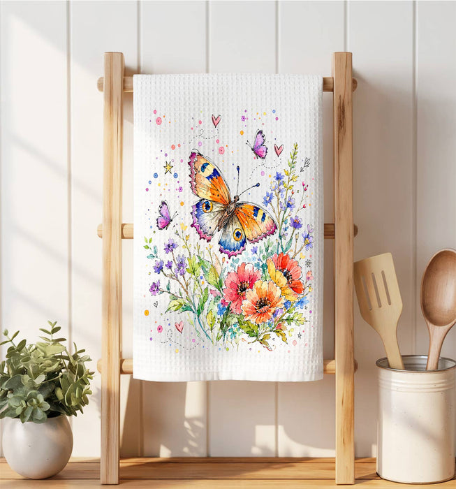 Whimsical Butterflies Flowers Waffle Weave Towel
