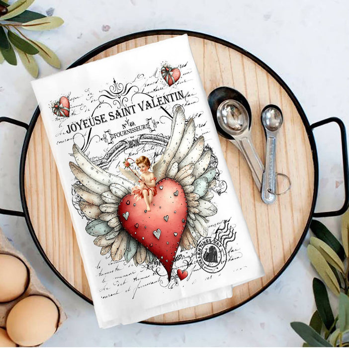 Vintage French Heart Cupid Valentine Tea Towel