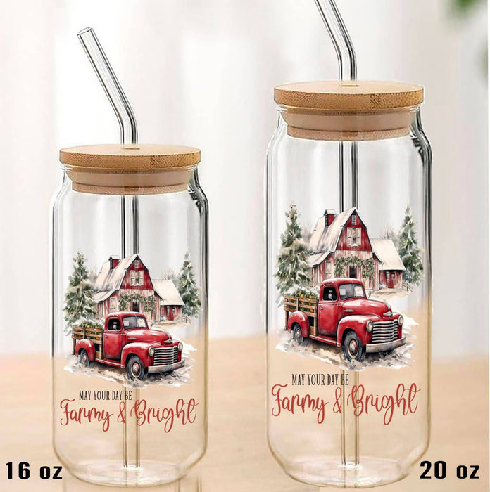 Christmas  Farmy and Bright Can Glass with Lid Straw