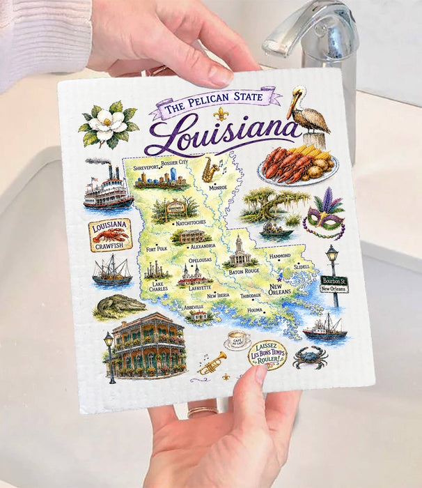 Louisiana State Map Landmark Swedish Dishcloth