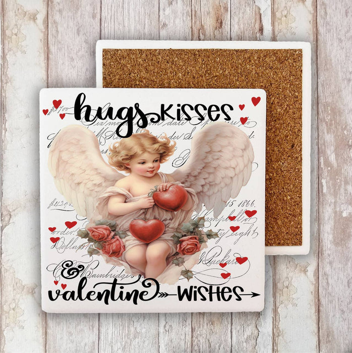 Vintage Angel Cupid Hugs Kisses Valentine Stone Coaster