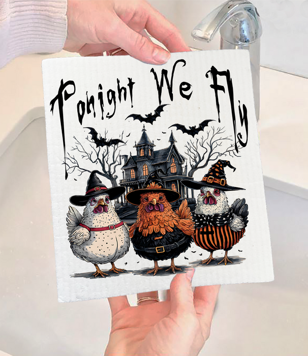 Halloween Chickens Tonight We Fly Swedish Dishcloth