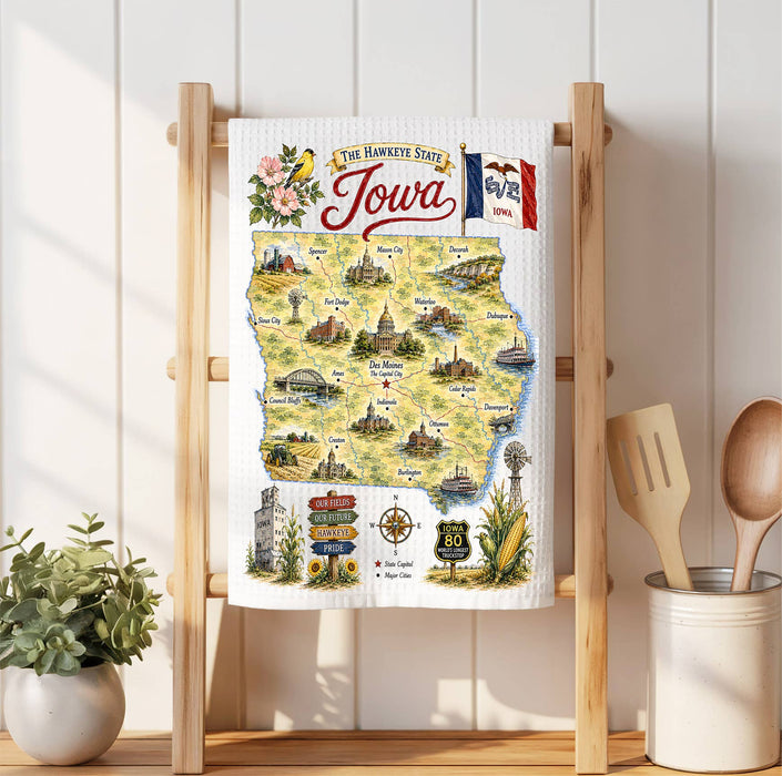 Iowa State Map Landmark Waffle Weave Towel