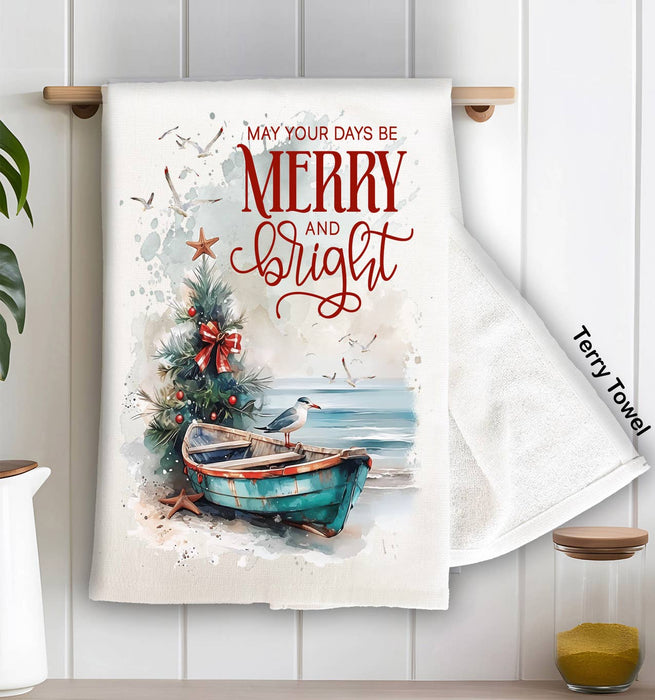 Coastal Christmas Beach Boat Kitchen Terry Towel