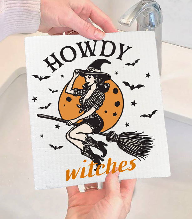 Halloween Retro Vintage Howdy Witches Swedish Dishcloth