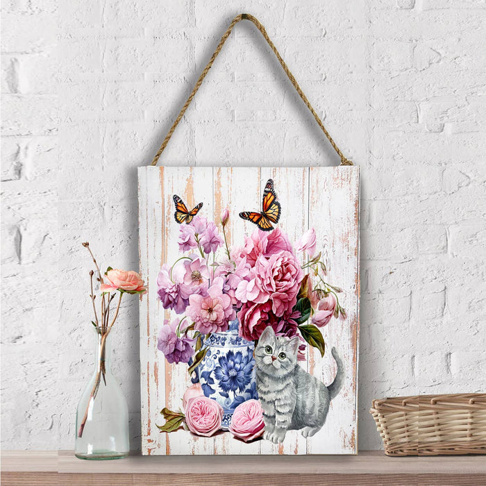 Grey Kitten Flowers Vase Butterflies Wall Decor