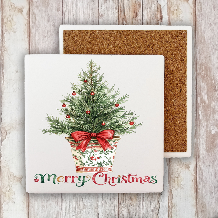 Christmas Watercolor Toile Tree Stone Coaster