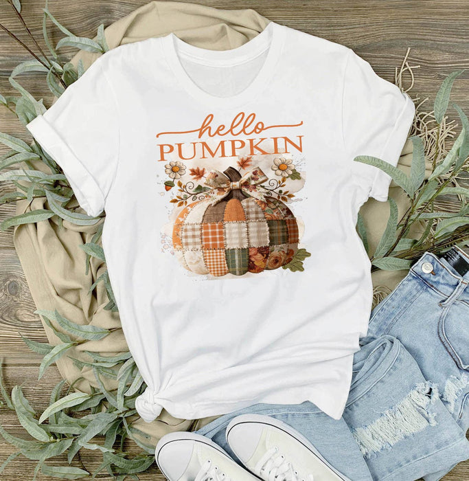 Fall Hello Pumpkin Quilted Patch  T-Shirt