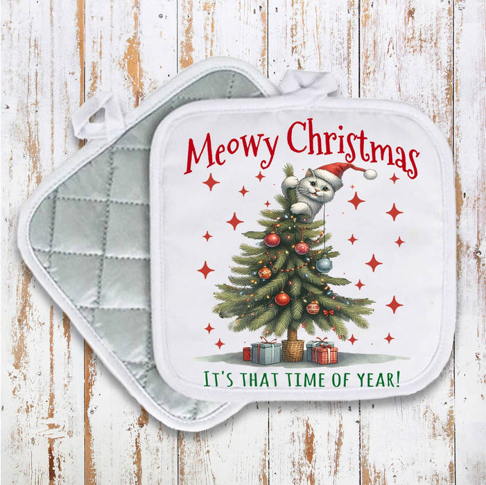 Meowy Christmas Cat Attaching Tree Pot Holder Oven Mitt