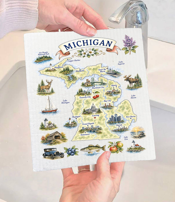 Michigan State Map Landmark Swedish Dishcloth