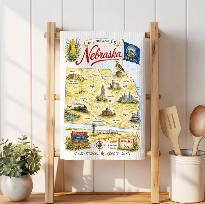 Nebraska State Map Landmark Waffle Weave Towel