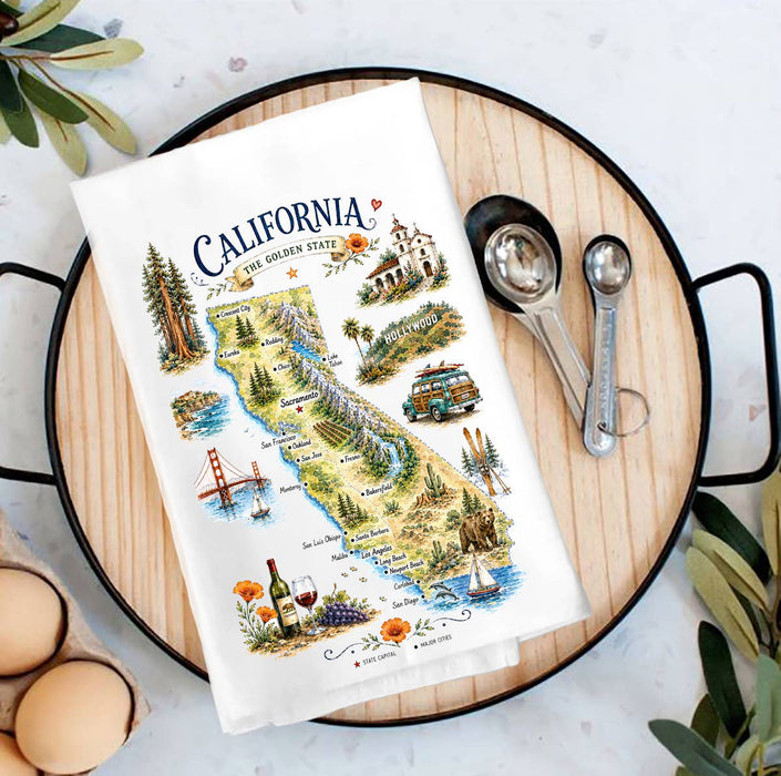 California State Map Landmark Tea Towel