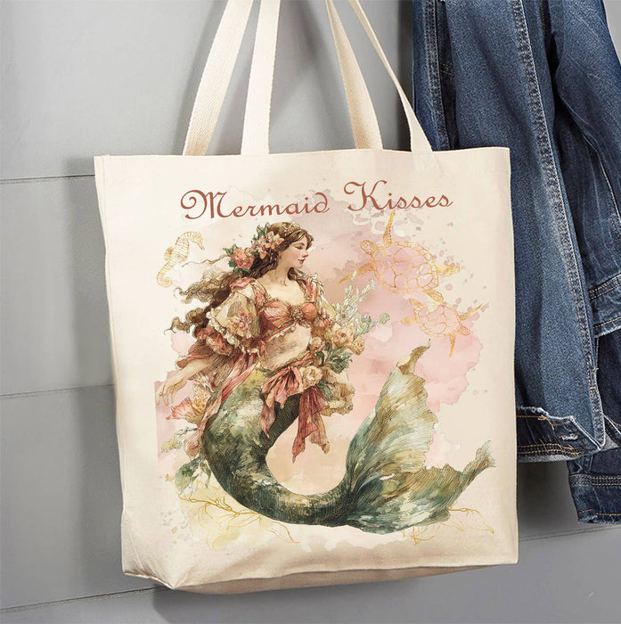 Vintage French Mermaid Kisses Canvas Tote Bag