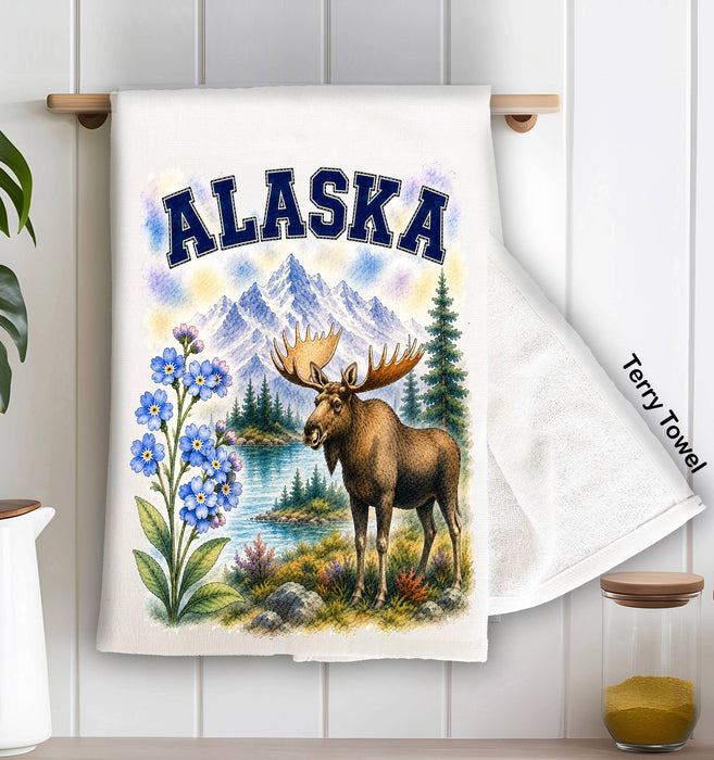 Alaska State Bird and Animal Kitchen Terry Towel