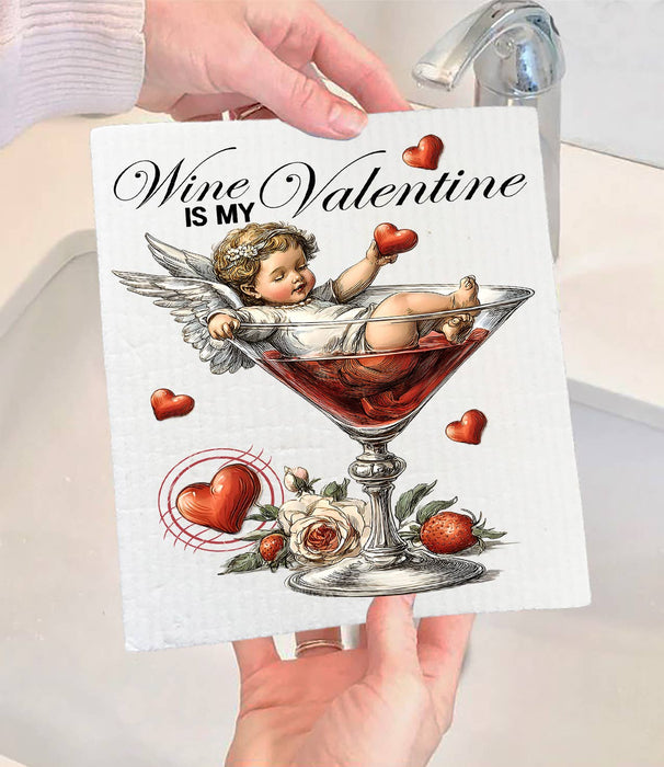 Wine is My Valentine Cupid Swedish Dishcloth