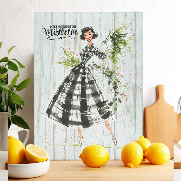 Retro Christmas Meet me Mistletoe Glass Cutting Board