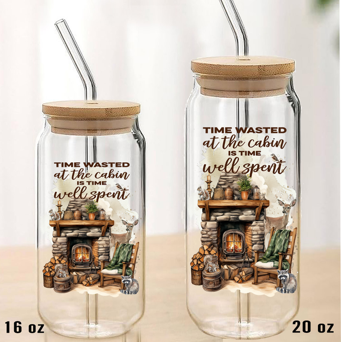 Time at the Cabin Well Spent Can Glass with Lid Straw